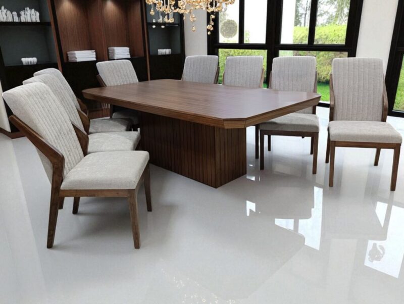 ANTECOMEDOR VITTORIA NOGAL 2.2m X 1.2m CON 6 SILLAS JOY NOGAL EN TELA CIRCONIA BEIGE
