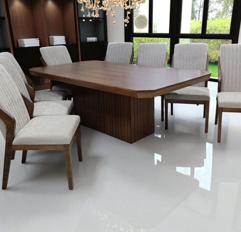 ANTECOMEDOR VITTORIA NOGAL 2.2m X 1.2m CON 6 SILLAS JOY NOGAL EN TELA CIRCONIA BEIGE