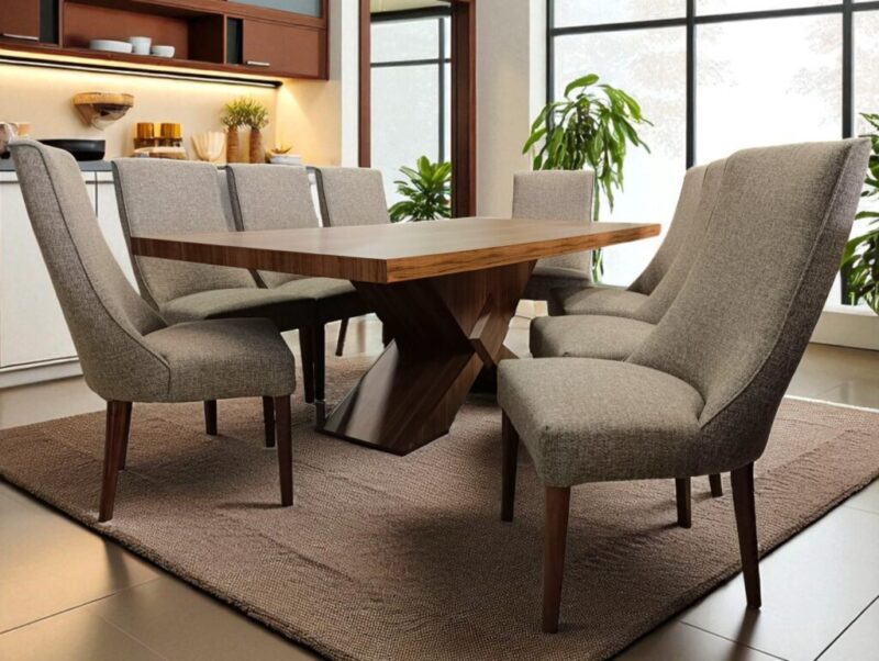 ANTECOMEDOR SIRIUS CHAPA WALNUT 2.2m X 1.1m CON SILLA ANGELOS EN TELA SPARK EARTH