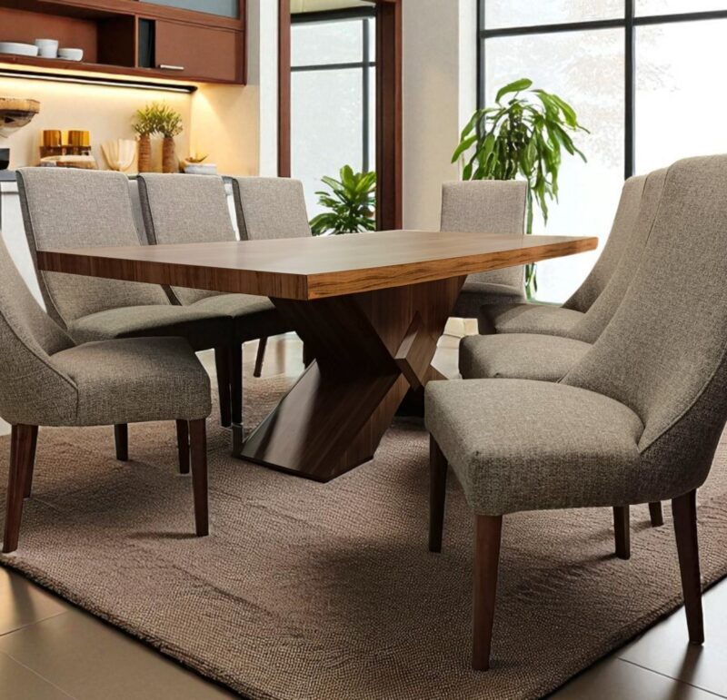 ANTECOMEDOR SIRIUS CHAPA WALNUT 2.2m X 1.1m CON SILLA ANGELOS EN TELA SPARK EARTH