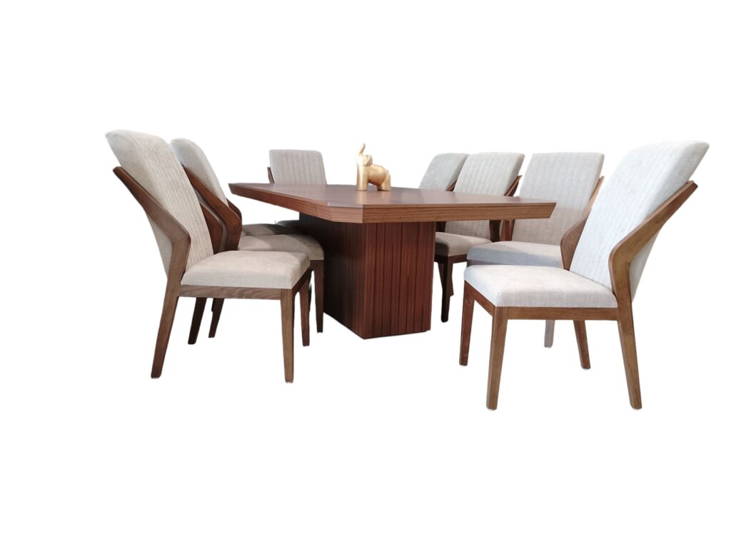 ANTECOMEDOR VITTORIA 220X120  NOGAL ENTRE CHAPADA CON SILLA JOY NOGAL CLARO TELA CIRCONIA BEIGE ABULLONADO - Image 2