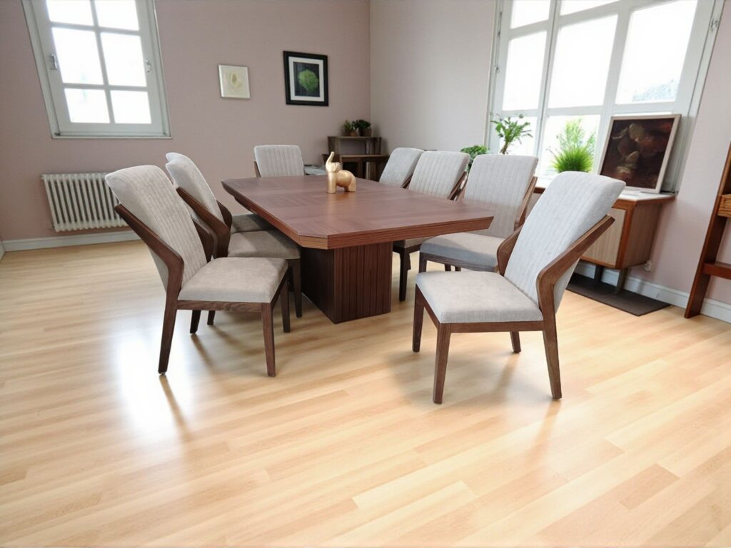 ANTECOMEDOR VITTORIA 220X120  NOGAL ENTRE CHAPADA CON SILLA JOY NOGAL CLARO TELA CIRCONIA BEIGE ABULLONADO
