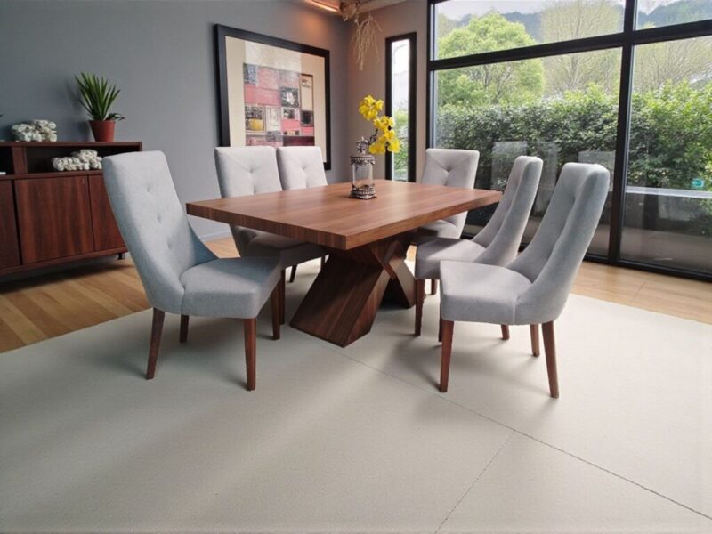 ANTECOMEDOR SIRIUS 180 X 110 CHAPA WALNUT CON SILLA SIMONE TELA MODENA TUSK
