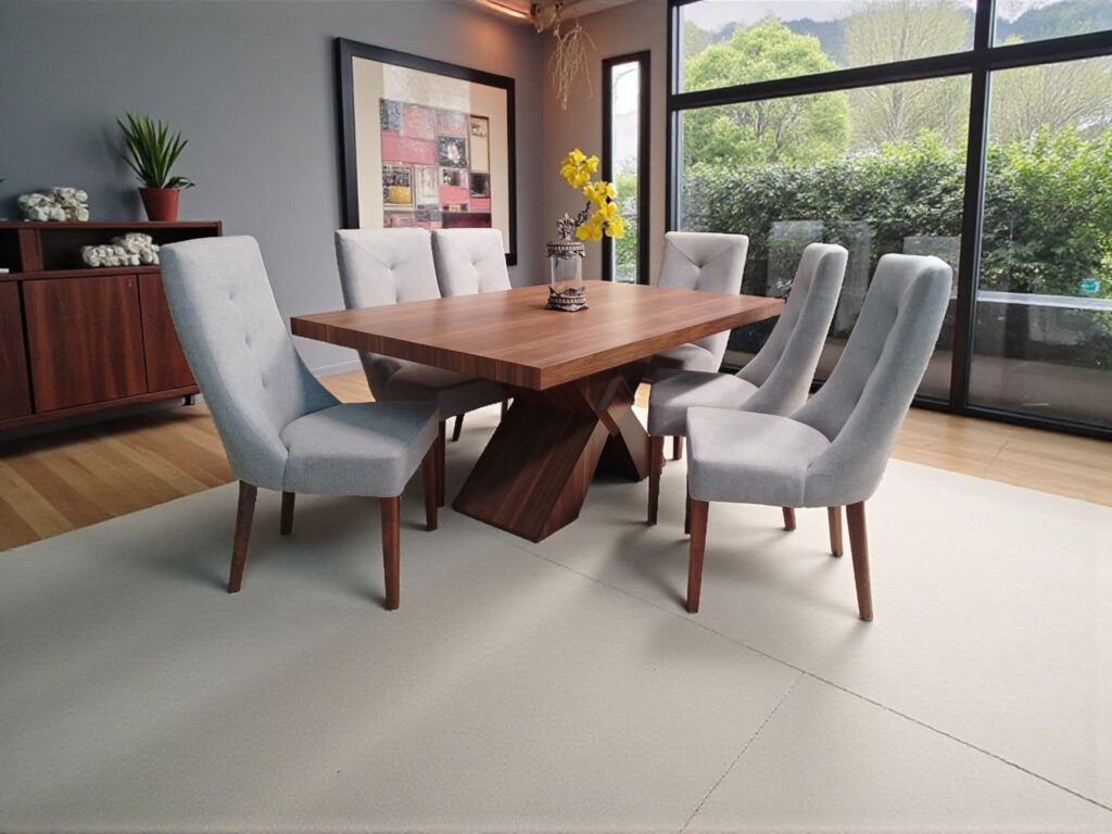 ANTECOMEDOR SIRIUS 180 X 110 CHAPA WALNUT CON SILLA SIMONE TELA MODENA TUSK