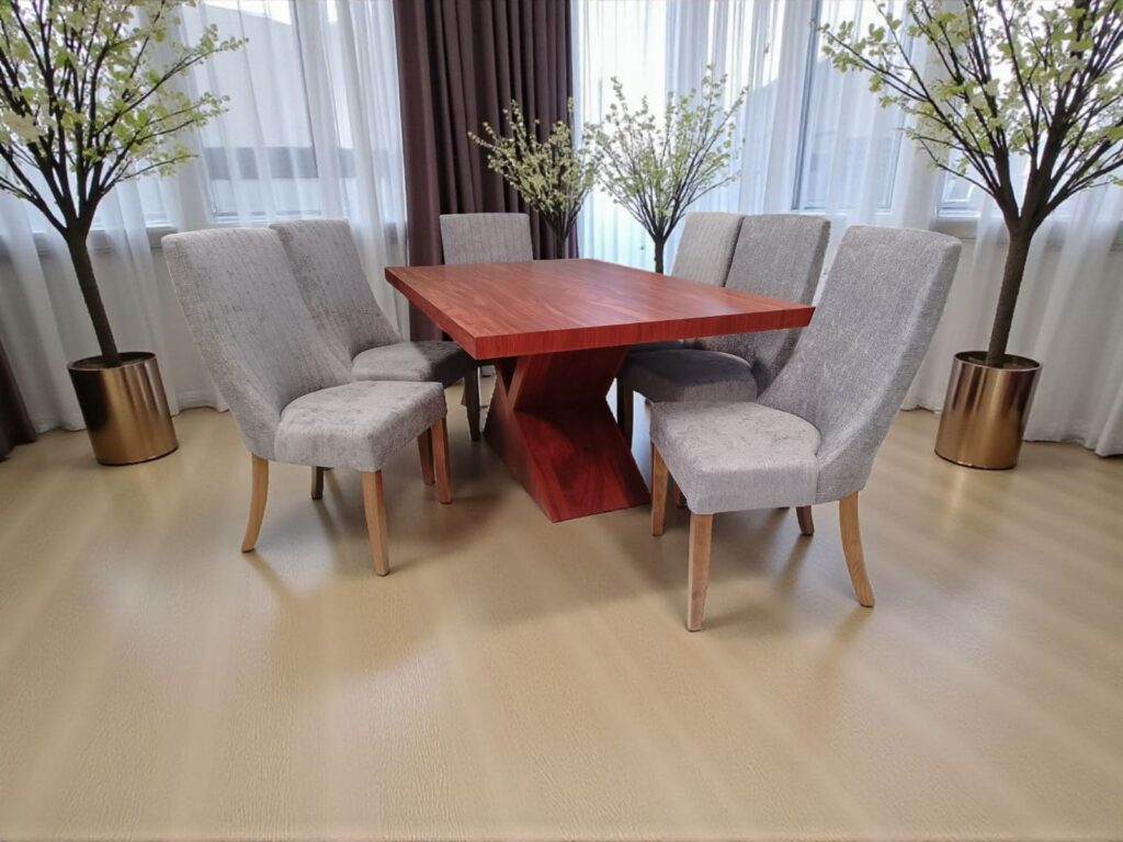 ANTECOMEDOR CARTAGENA TZALAM 180 X 110 CON 6 SILLAS SIRIUS NOGAL CLARO TELA GINEBRA OXFORD ABULLANADO