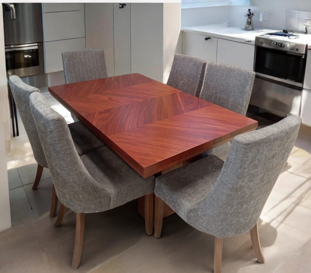 ANTECOMEDOR ANGELOS CON 6 SILLAS SIRIUS NOGAL CLARO TELA GINEBRA OXFORD