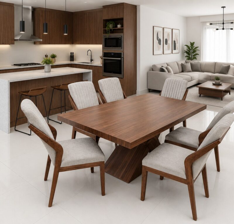 ANTECOMEDOR SIRIUS CON 6 SILLAS JOY NOGAL CLARO TELA CIRCONIA BEIGE