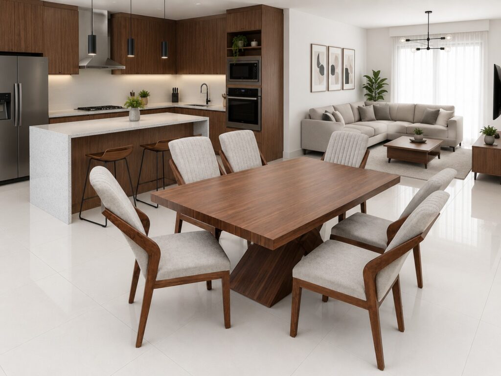 ANTECOMEDOR SIRIUS CON 6 SILLAS JOY NOGAL CLARO TELA CIRCONIA BEIGE